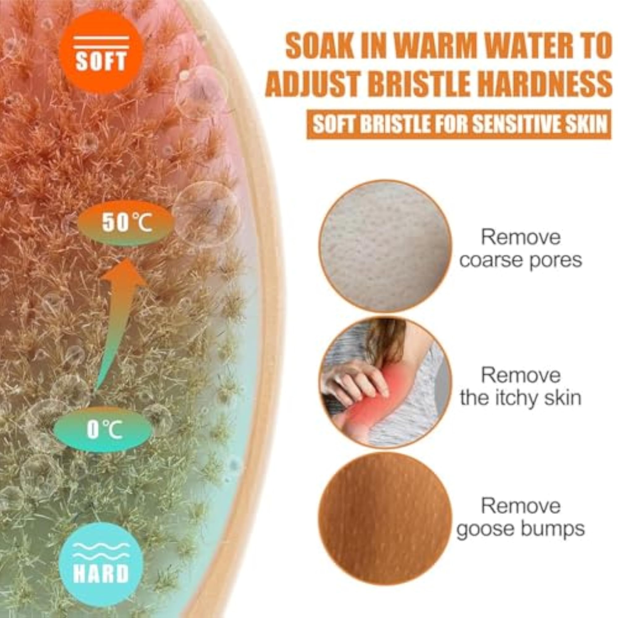Back Scrubber with Long Wooden Handle, Dual-Sided Exfoliating Brush